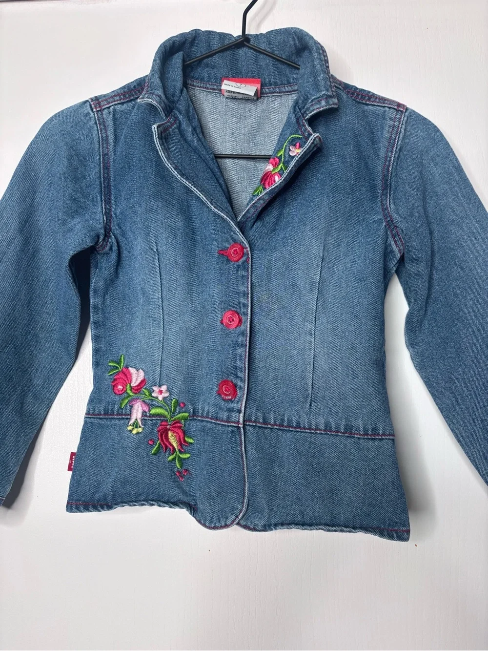 Vintage Y2K Levi's Jeans For Girls Embroidered Floral Denim Blazer Jacket Size 7